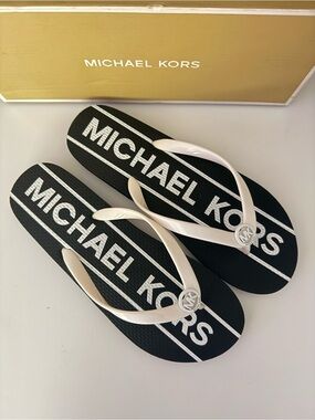 Michael Kors Black & White Logo Flip Flop Sandals
